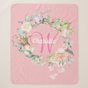 Modern Summer Roses Pink Initial Script Monogram Sherpa Blanket
