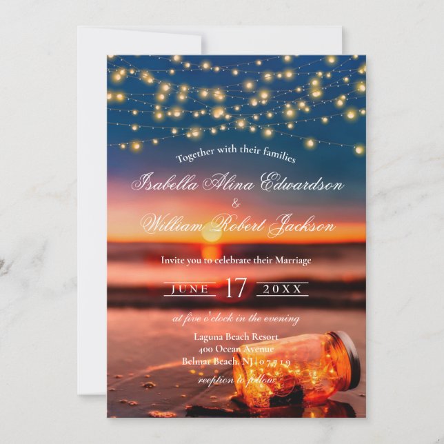 Modern Summer Sunset Beach Mason Jar Wedding Invitation (Front)