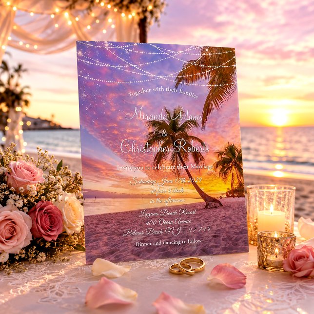 Modern  Summer Sunset String Lights Beach Wedding Invitation (Creator Uploaded)