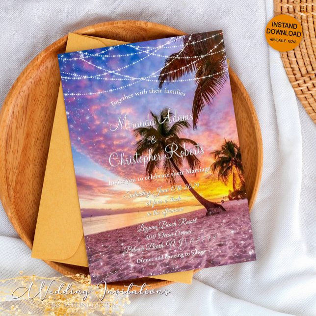 Modern  Summer Sunset String Lights Beach Wedding Invitation (Creator Uploaded)