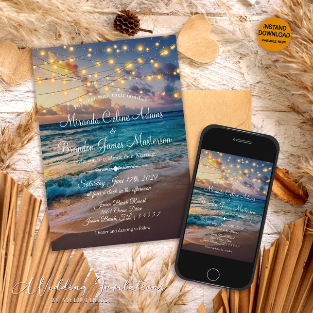 Modern Summer Sunset String Lights Beach Wedding Invitation (Creator Uploaded)