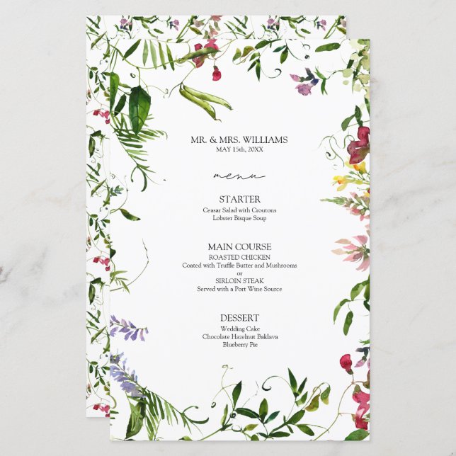 Modern Summer Wildflower Calligraphy Wedding Menu (Front/Back)