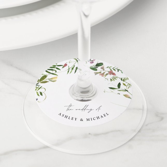 Modern Summer Wildflower Calligraphy Wedding Wine Glass Tag (Close Up)