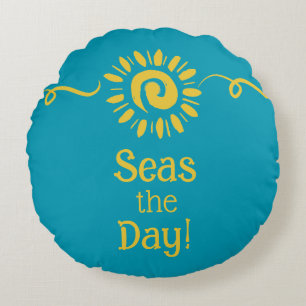Modern Sun Blue Yellow Beach House Seas Day Quote Round Cushion