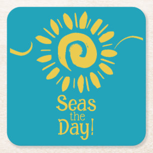 Modern Sun Blue Yellow Beach House Seas Day Set Square Paper Coaster