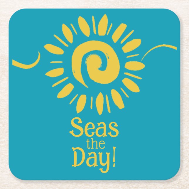 Modern Sun Blue Yellow Beach House Seas Day Set Square Paper Coaster (Front)