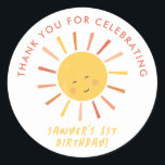 Modern Sun Kids Birthday Party Thank You Favour Classic Round Sticker<br><div class="desc">Modern Sun Kids Birthday Party Thank You Favour Stickers with cute sun and modern design. Click the edit button to customise this design with your details.</div>