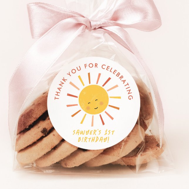 Modern Sun Kids Birthday Party Thank You Favour Classic Round Sticker (Modern Sun Kids Thank You Favor or Envelope Sticker Tag.)