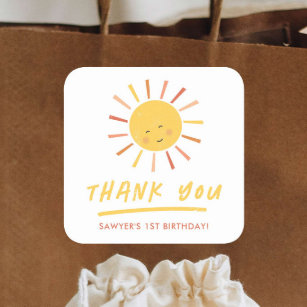 Modern Sun Kids Birthday Party Thank You Favour Square Sticker