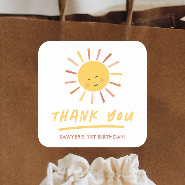 Modern Sun Kids Birthday Party Thank You Favour Square Sticker (Cute boho sunshine kids birthday party thank you favor sticker.)