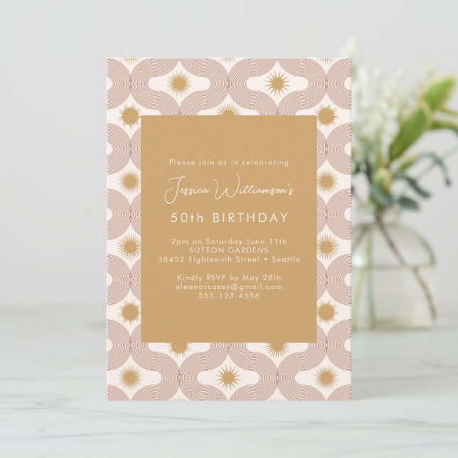 Modern Sun Moon Line Terracotta Gold 50th Birthday Invitation (Standing Front)