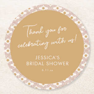Modern Sun Moon Line Terracotta Gold Bridal Shower Round Paper Coaster