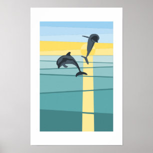 Modern Sun Sea Dolphin in Turquoise Yellow Art Poster