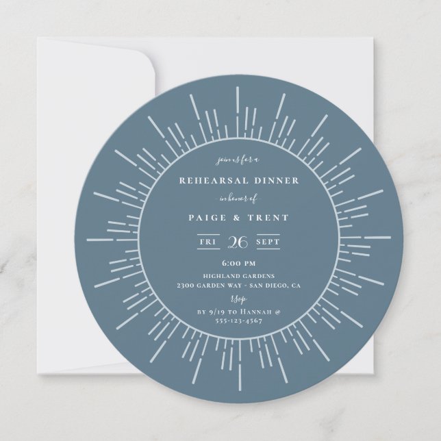 Modern Sunburst Slate Blue Rehearsal Dinner Invitation (Front)
