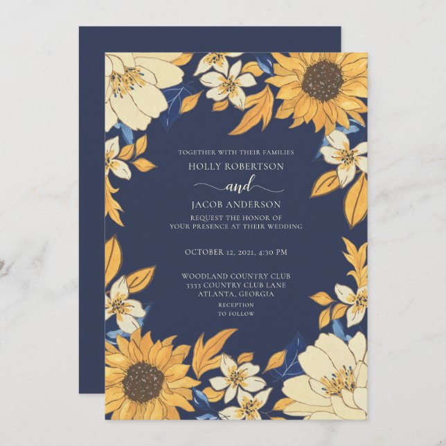 Modern Sunflower Blue Yellow Cream Floral Wedding Invitation (Front/Back)