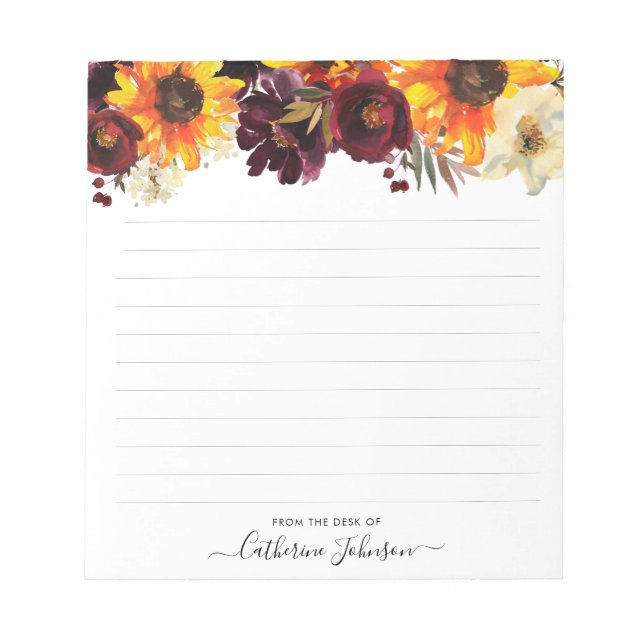Modern Sunflower Burgundy Rose Floral Watercolor Notepad (Front)