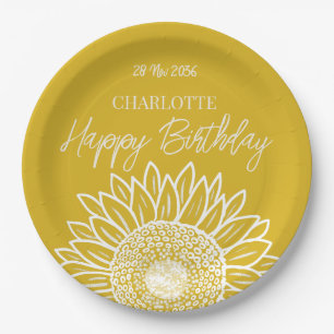 Modern Sunflower Custom Happy Birthday Paper Plate
