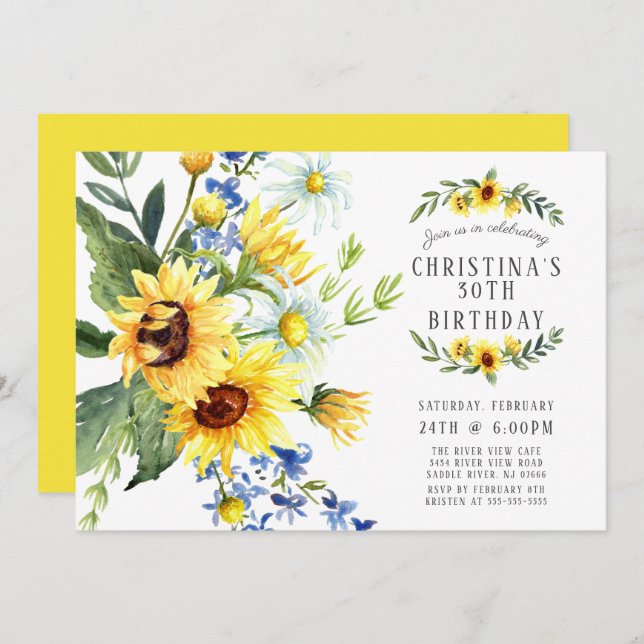 Modern Sunflower Daisy Birthday Party Invitation (Front/Back)