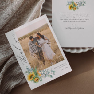 Modern Sunflower Eucalyptus Wedding Photo Thank You Card