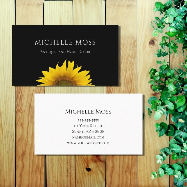 Modern Sunflower Floral Botanical Black  Business Card (Creator Uploaded)