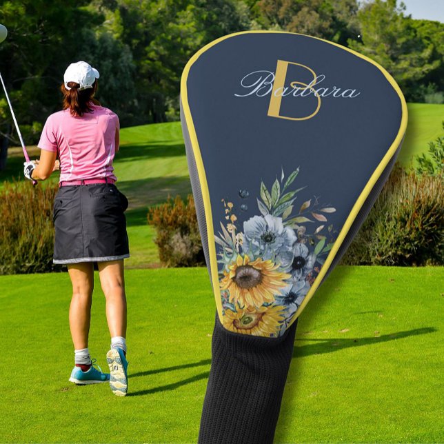 Modern Sunflower Floral Custom Monogram Name Golf Head Cover (Creator Uploaded)