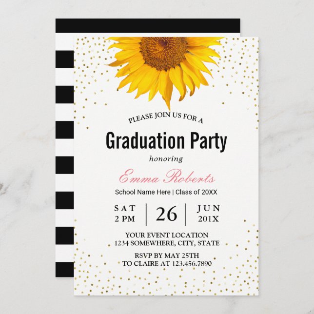 Modern Sunflower Gold Confetti Dots Graduation Invitation (Front/Back)