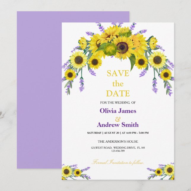 Modern Sunflower & Lavender Wedding Save The Date (Front/Back)