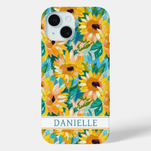 Modern Sunflower Painting Monogrammed iPhone 15 Case