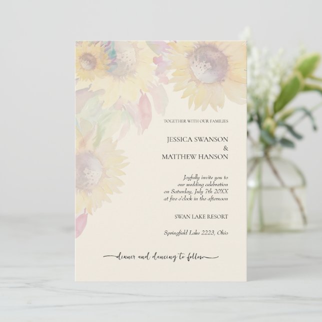 Modern Sunflower Rustic Pastel Watercolor Art Invitation (Standing Front)