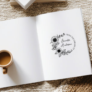 Modern Sunflower Script Custom Name Library Book Rubber Stamp