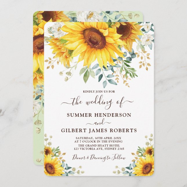 Modern Sunflower Summer Greenery Floral Wedding Invitation (Front/Back)