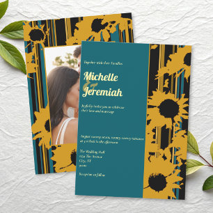 Modern Sunflower Teal Blue Gold Wedding Invitation