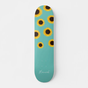 Modern Sunflower Teal Personalised Skateboard