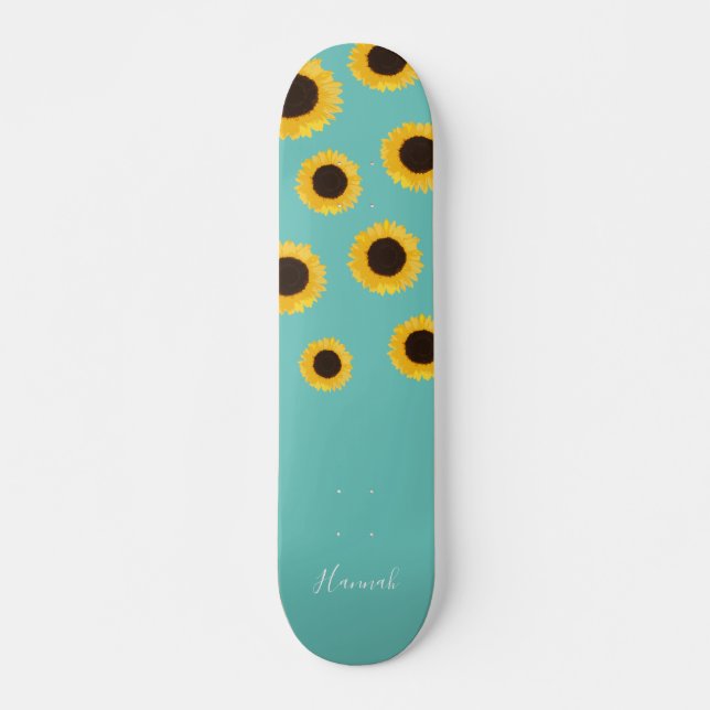 Modern Sunflower Teal Personalised Skateboard (Front)