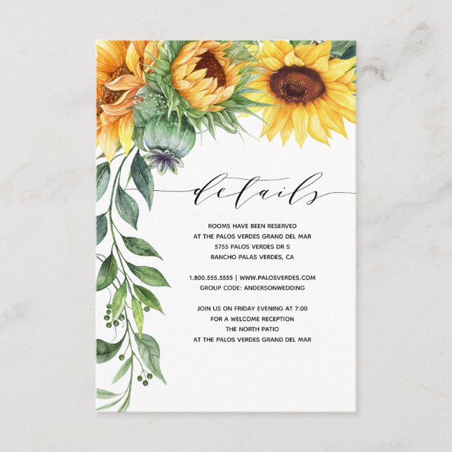 Modern Sunflower Watercolor Wedding Details Enclosure Card (Front)