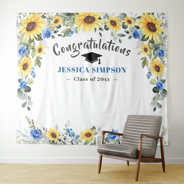 Modern Sunflowers Eucalyptus Grad Photo Backdrop Tapestry (In Situ (Horizontal))