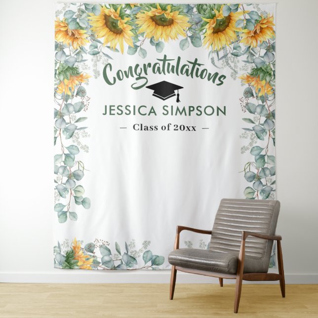 Modern Sunflowers Eucalyptus Photo Booth Backdrop Tapestry (In Situ)