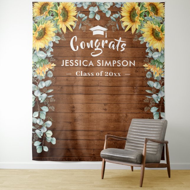 Modern Sunflowers Eucalyptus Rustic Photo Backdrop Tapestry (In Situ)