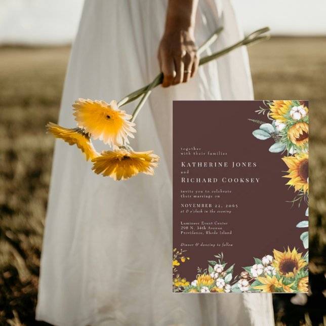 Modern Sunflowers Fall Brown No Parents Wedding Invitation (Creator Uploaded)