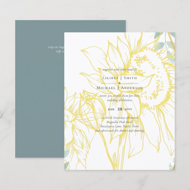 Modern Sunflowers Greenery Sage Gold Wedding (Front/Back)