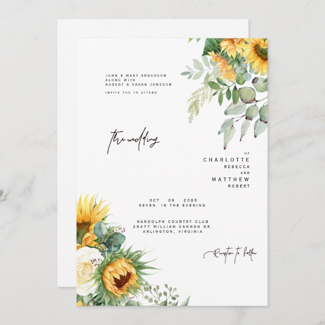 Modern Sunflowers In Bloom Greenery  Invitation (Front/Back)