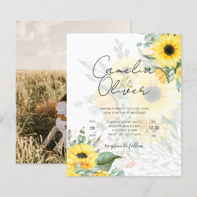 Modern Sunflowers Photo Wedding Invitation (Front/Back)