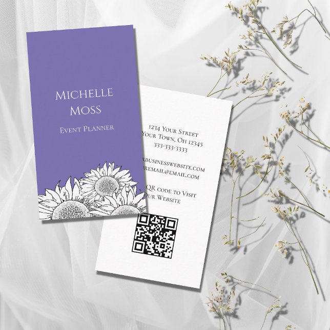 Modern Sunflowers QR code Boho Floral Purple Business Card (Creator Uploaded)