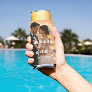 Modern Sunset Beach Wedding Photo Seltzer Can Cooler