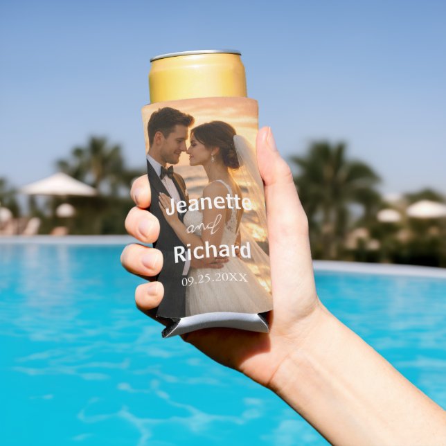 Modern Sunset Beach Wedding Photo  Seltzer Can Cooler (In Situ Pool)