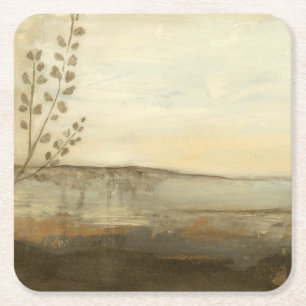 Modern Sunset Landscape Oil Painting Square Paper Coaster