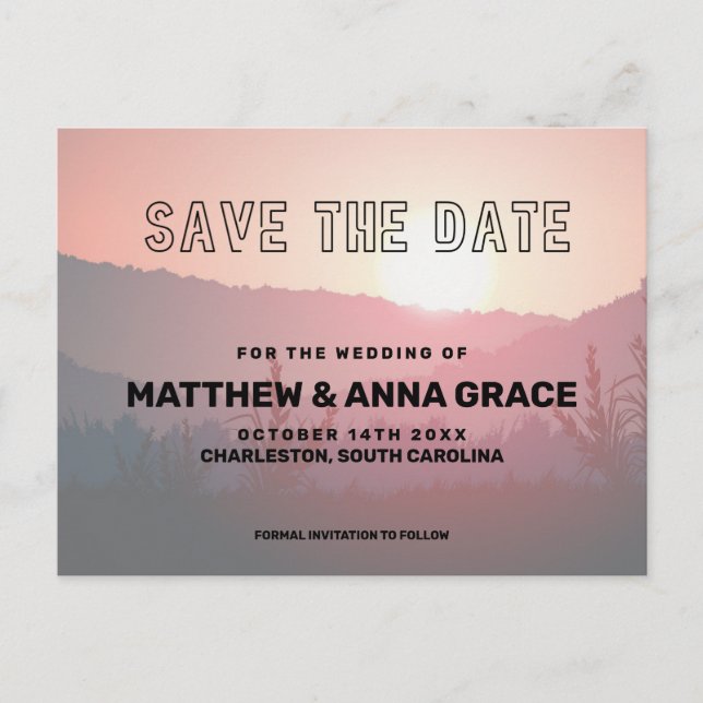Modern Sunset Mountains Travel Save the Date Announcement Postcard (Front)
