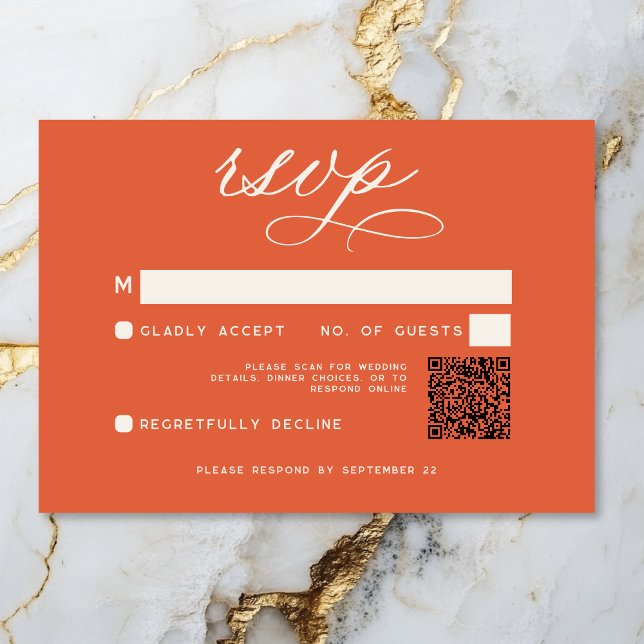 Modern Sunset Orange Script Minimal Wedding QR RSVP Card (Modern Sunset Orange Script Minimal QR Code RSVP Card)