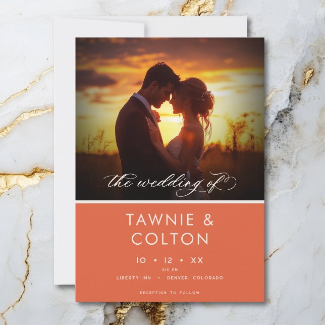 Modern Sunset Orange Script Photo Minimal Wedding (Creator Uploaded)