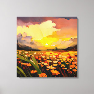 Modern Sunset Over Flower Field Watercolor Canvas Print